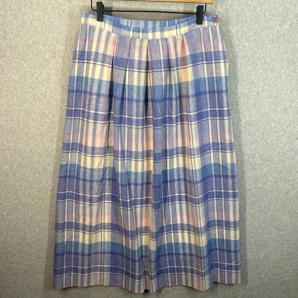 Vintage 70s NWT Pendleton 100% Virgin Wool Skirt Womens 14 Blue Pink Cream Plaid